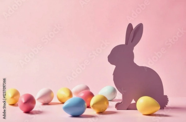 Fototapeta Minimalist Easter composition with a bunny silhouette and pastel eggs on a soft pink background. Ample copy space for text, perfect for holiday cards, invitations, and festive designs.