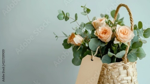 Fototapeta Wicker Basket with Peach Roses, Eucalyptus Leaves, and Empty Tag - Elegant Floral Arrangement