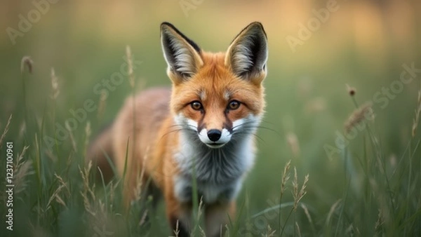 Fototapeta A Fox Stands Alert in Lush Wild Grass, Its Expressive Eyes Keenly Observing the Surroundings