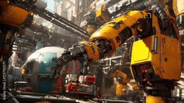 Fototapeta A Yellow Robotic Arm in a Futuristic City Setting