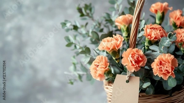 Fototapeta Beautiful Basket with Orange Carnations and Eucalyptus, Decorated with a Blank Gift Tag on the Handle - Elegant Floral Arrangement