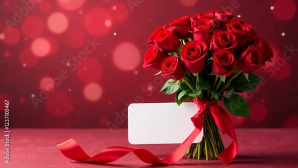 Fototapeta Valentine’s Day, floral gifts, greeting card design. Bouquet of red roses with a red ribbon and a blank white tag on a bokeh background. Copy space.
