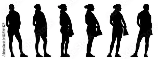Fototapeta Vector conceptual black silhouette of an active woman with a towel around her neck from different perspectives isolated on white. A metaphor for active, health, self-care, wellness and lifestyle