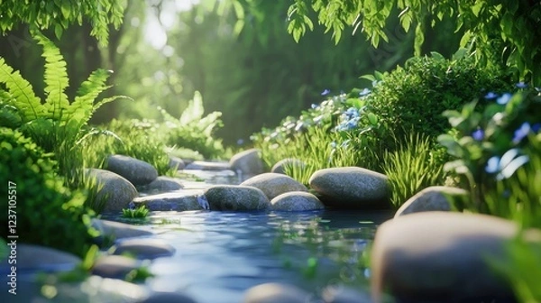 Fototapeta Serene Stream Flows Through Lush Green Forest