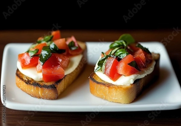 Fototapeta A photograph of two small bruschetta with mozzarella, tomato, and basil on top, presented on an elegant white plate against a black background.