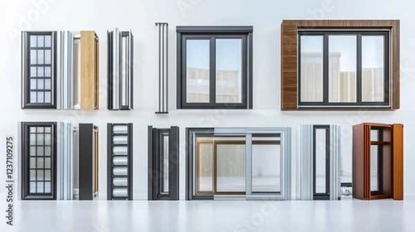 Fototapeta A collection of different modern office window frames, shown separately on a white background. These aluminum window frames are great for designing the exterior of a building.