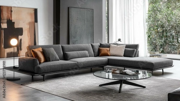 Fototapeta Elegant Modern Living Room with Stylish Gray Sofa and Glass Table