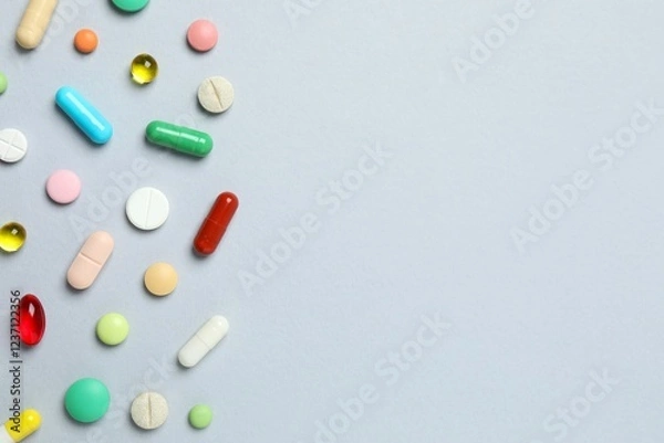 Fototapeta Various pills on gray background