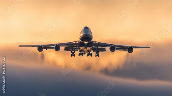 Fototapeta Boeing 747 Flying in the Early Morning, Surrounded by Blurred Clouds and Soft Sunlight Creating a Warm and Serene Atmosphere