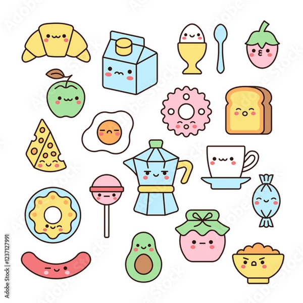 Fototapeta Cute food and drink set. Kawaii breakfast collection with croissant, egg, apple, toast, tea, candy, avocado, strawberry, donut, fried eggs, cookie, milk, cheese, coffee maker. Vector illustration.