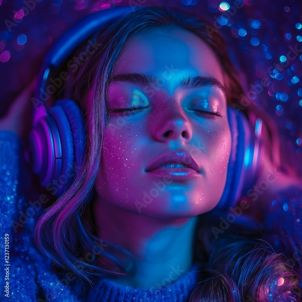 Obraz a girl with headphones on a cosmic background.