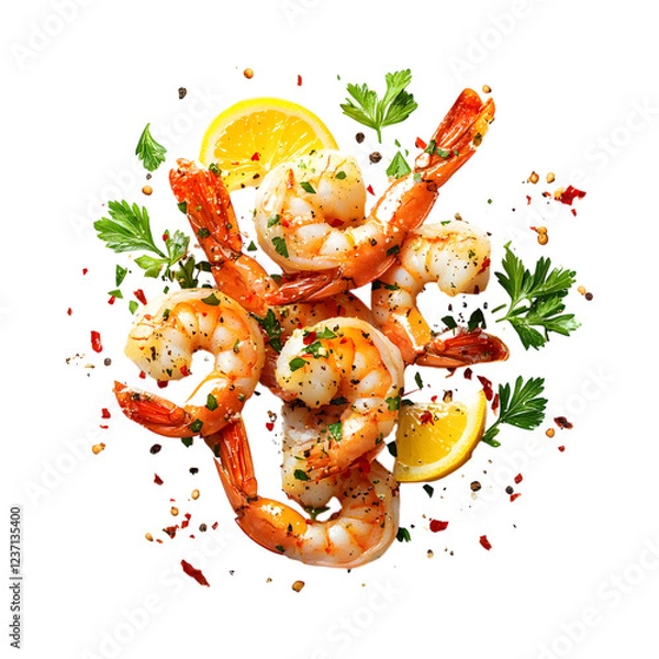 Obraz Flying Garlic Butter Shrimp with Lemon Slices Isolated on Transparent Background