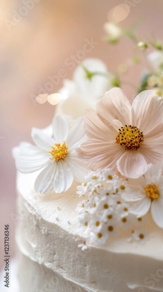 Fototapeta Close up of a delicate cream-colored cake with fresh flowers for a natural, elegant effect. Pastel-colored background, evoking a soft and serene atmosphere.
