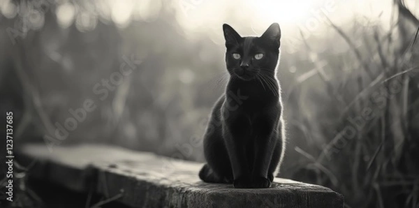 Fototapeta Black Cat Silhouette on a White Background - Vintage Style Stock Image