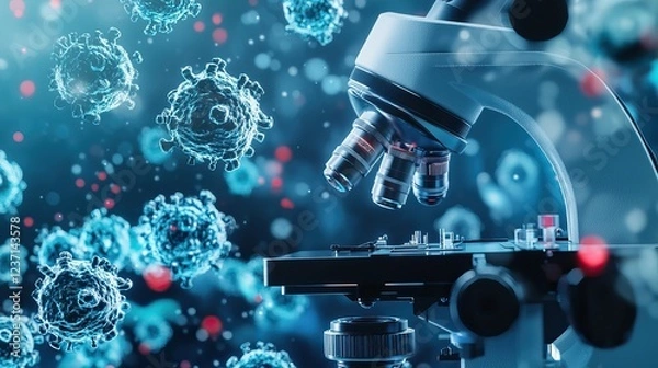 Obraz Close-up view of bacteria under a microscope. AI generated image