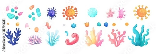 Fototapeta A variety of microorganisms and bacteria in different styles. AI generated image