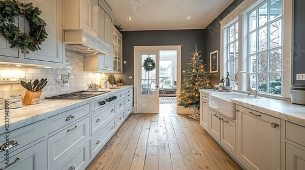 Obraz Elegant Kitchen Interior Design with Christmas Tree