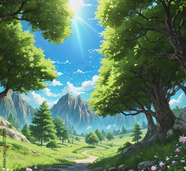 Fototapeta Fantasy realistic Stunning natural objects including lakes and mountains.mountains lake boat Background and use it as your wallpaper, posters and banners.Generative AI	