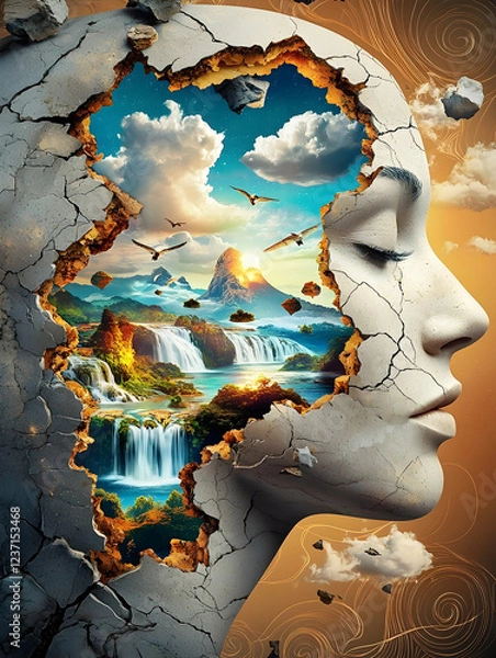 Fototapeta Surreal Portrait: Inner World Landscape Within Stone Face Artistic Concept