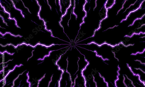 Fototapeta Vibrant purple lightning bolts radiate from center, creating dynamic and electrifying visual effect against dark background. This striking image captures essence of energy and movement