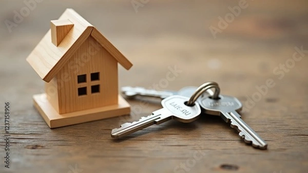 Fototapeta Wooden house model with keychain and two keys, homeownership concept