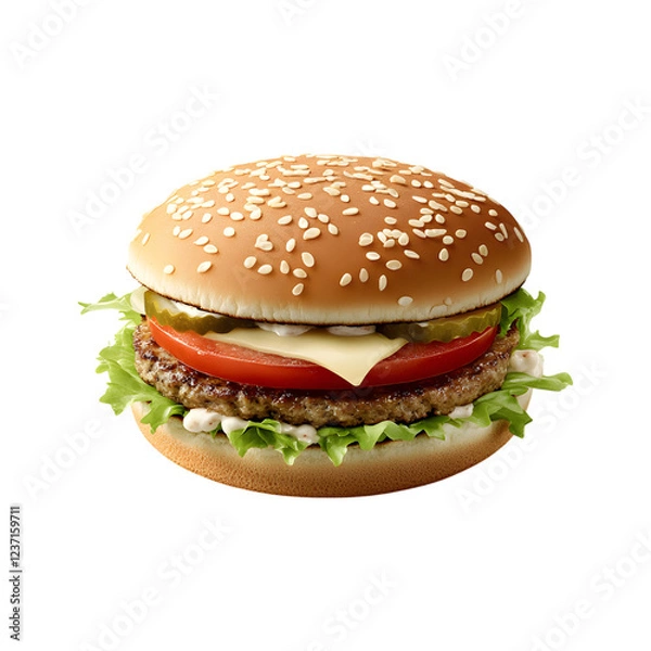Fototapeta Delicious Hamburger with Cheese, Tomato, and Lettuce Isolated on Transparent Background