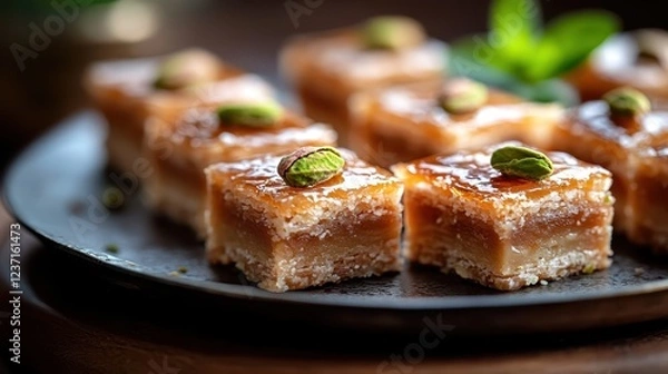 Fototapeta This beautiful display of traditional Middle Eastern sweet pastry showcases a delightful blend of textures and flavors with a glaze and topped with pistachios.