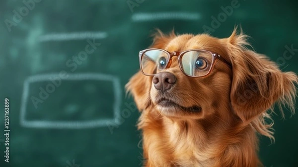 Obraz A clever-looking dog wearing glasses sits attentively in a classroom, exuding a playful charm while captured in a whimsical and engaging educational atmosphere.