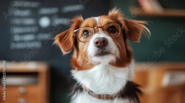 Fototapeta A smart dog wearing glasses stands confidently in a well-lit classroom, characterized by its expressive face and a backdrop that inspires learning and curiosity in a fun way.