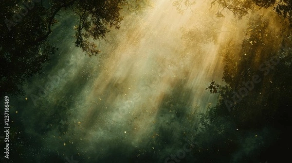 Obraz Ethereal Sunlight Streaming Through Dense Forest Canopy at Dawn