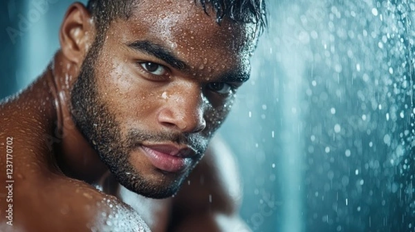 Fototapeta This captivating portrait features a strong young man immersed in raindrops, showcasing intensity and emotion through a mesmerizing gaze and wet skin.