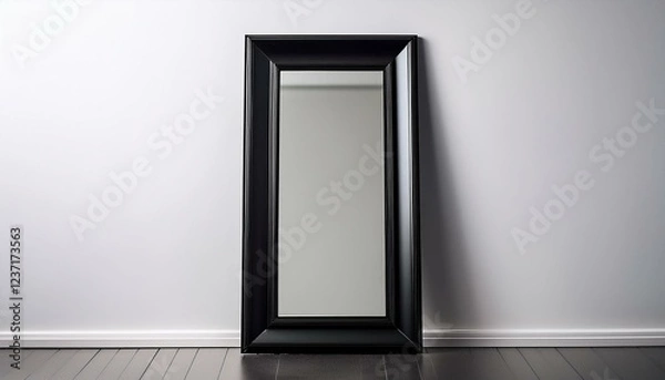 Fototapeta a simple black framed mirror stands tall against a white background on a clear or white background