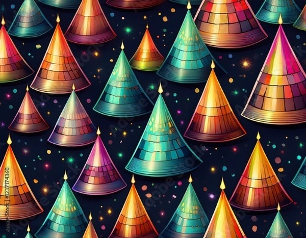 Fototapeta shimmering disco fever seamless pattern with glowing lights and party hats on dark background modern flat design metallic shades and abstract gradients