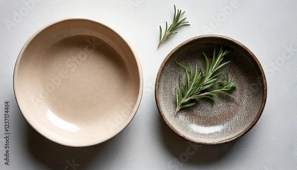 Obraz Two mud bowls, with green rosemary twigs
