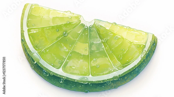 Fototapeta Freshly sliced lime wedge glistening with water droplets on a bright background