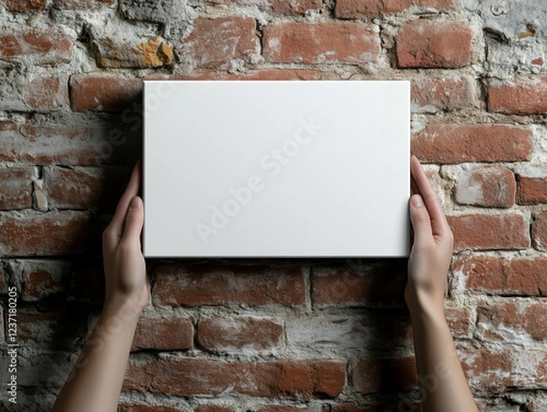 Obraz Hands holding blank canvas against brick wall. Blank sign held by hands on brick background
