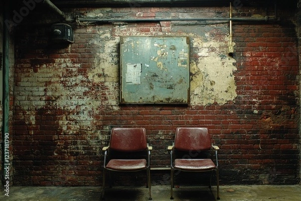 Fototapeta Vintage chairs in an abandoned room with overgrown windows in the background