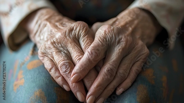 Fototapeta Elderly person with chronic eczema resting hands on knees, showcasing skin condition in a serene setting