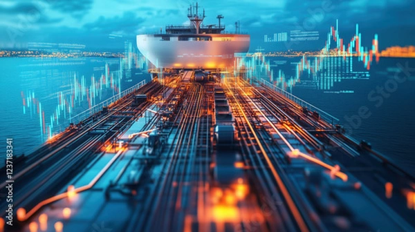 Fototapeta Oil Container Being Loaded onto a Cargo Ship, Featuring Background Energy Market Graphs Illustrating the Fluctuating Global Prices of Petroleum