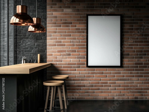 Obraz Bar counter with stools in modern interior design with brick wall and copper pendant lights. Modern bar counter with wooden stools and black frame poster on brick wall in interior