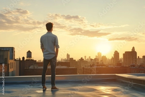 Obraz A man standing on a city rooftop at sunset, looking out over the skyline with a relaxed, contemplative expression