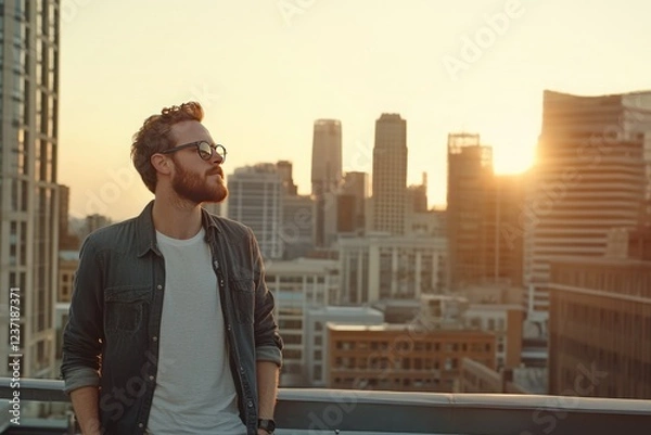 Fototapeta A man standing on a city rooftop at sunset, looking out over the skyline with a relaxed, contemplative expression