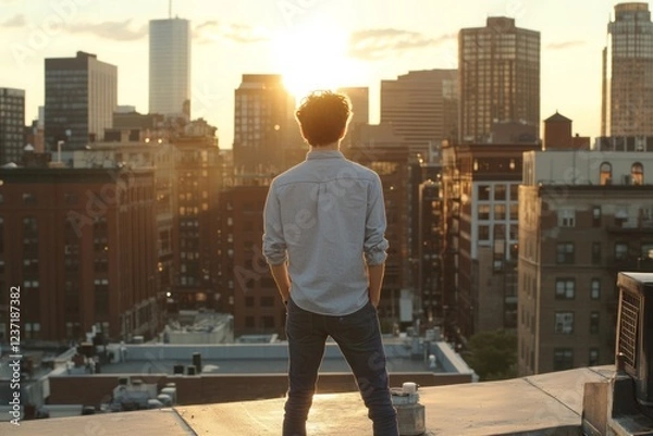Fototapeta A man standing on a city rooftop at sunset, looking out over the skyline with a relaxed, contemplative expression