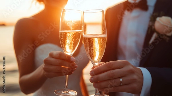 Fototapeta Close-Up of Champagne Glasses Clinking Together in a Toast Against a Breathtaking Sunset Over the Ocean, Celebrating a Joyful Milestone Together