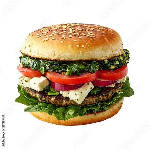 Fototapeta Spinach and Feta Veggie Burger Isolated on Transparent Background