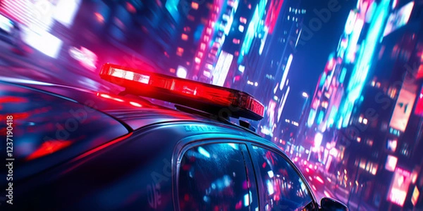 Fototapeta Blue and red light flasher atop of a police car. City lights on the background.