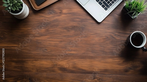 Obraz laptop on wooden table top down