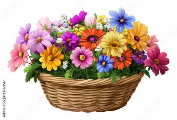 Fototapeta Beautiful basket of colorful flowers with greenery isolated on transparent background