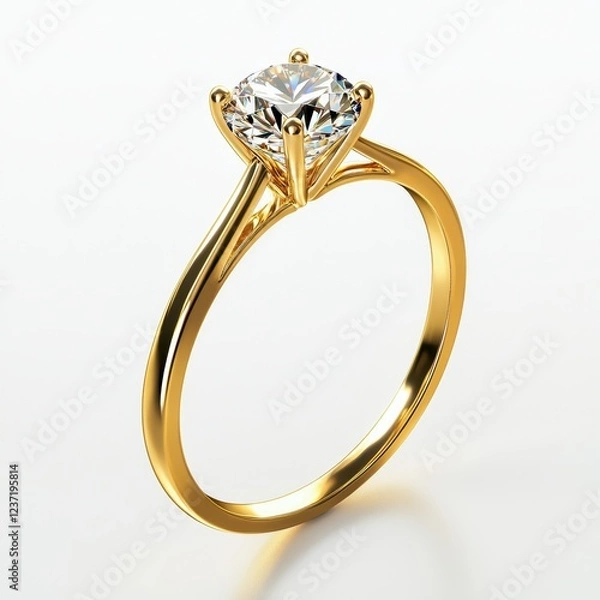 Fototapeta A gold engagement ring with a sparkling diamond, isolated on white background for Saint Valentines Day