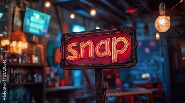 Fototapeta Vibrant Retro Neon Sign Display in a Cozy Dimly Lit Bar with Vintage Decor and Warm Ambiance Showcasing the Word 'Snap' in Bold Red Letters
